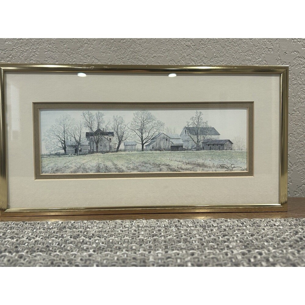 Jon Crane Barn Scene Framed Print Gold Frame White Buildings 14 x 7.5